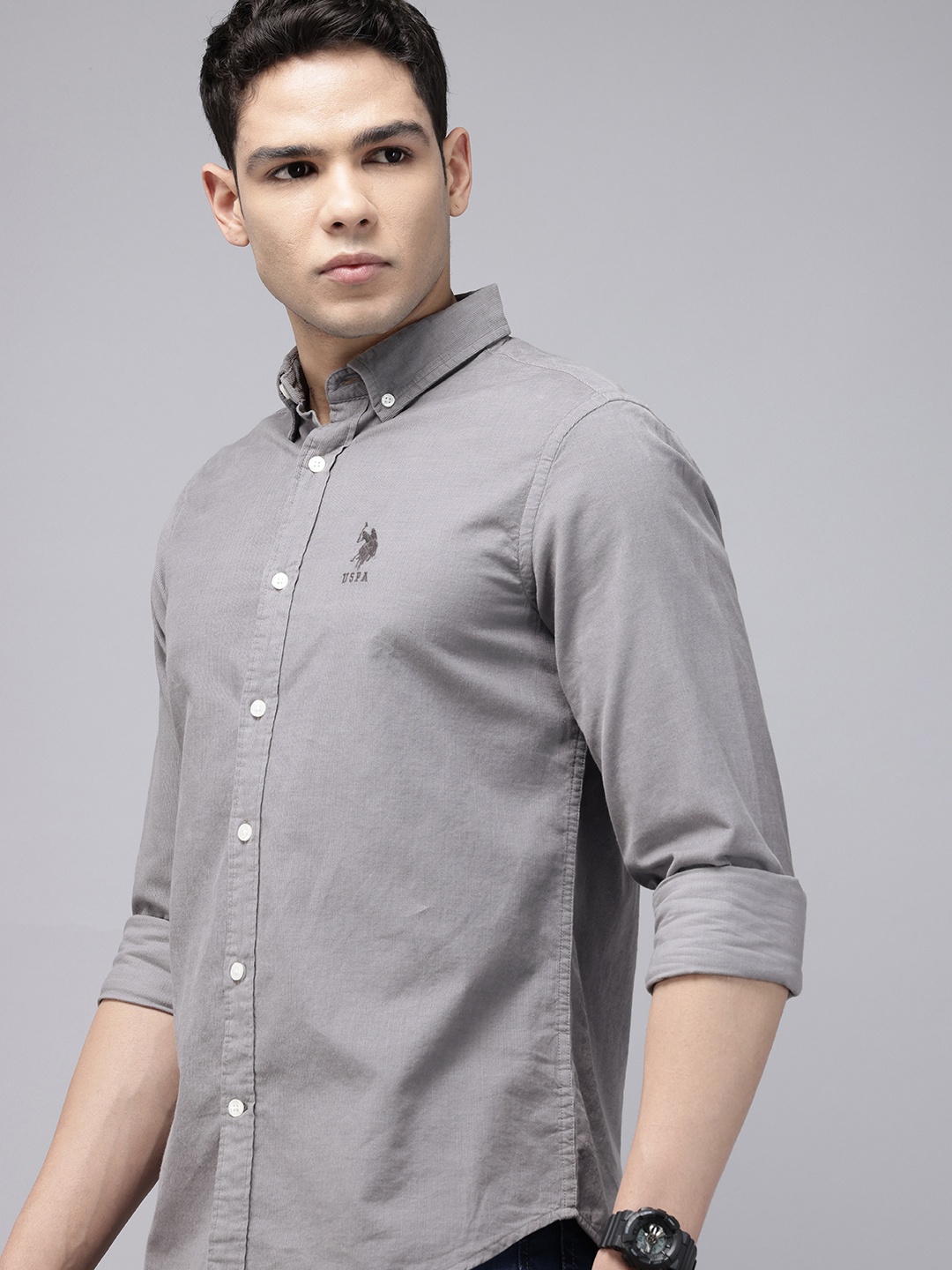

U.S. Polo Assn. Pure Cotton Corduroy Tailored Fit Opaque Casual Shirt, Grey