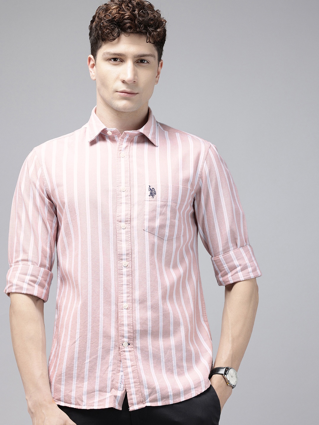

U.S. Polo Assn. Tailored Fit Opaque Striped Pure Cotton Casual Shirt, Pink