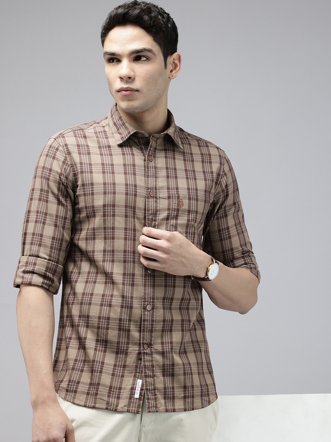 

U.S. Polo Assn. Tailored Fit Checked Pure Cotton Casual Shirt, Brown