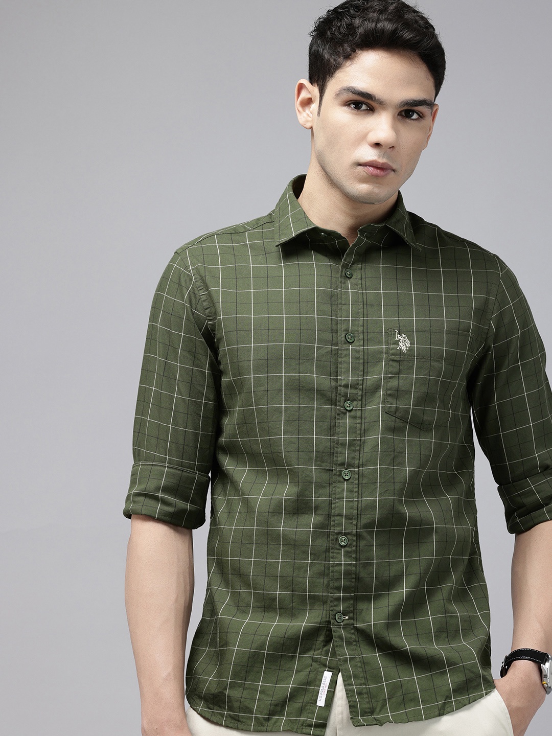 

U.S. Polo Assn. Tailored Fit Checked Pure Cotton Casual Shirt, Olive
