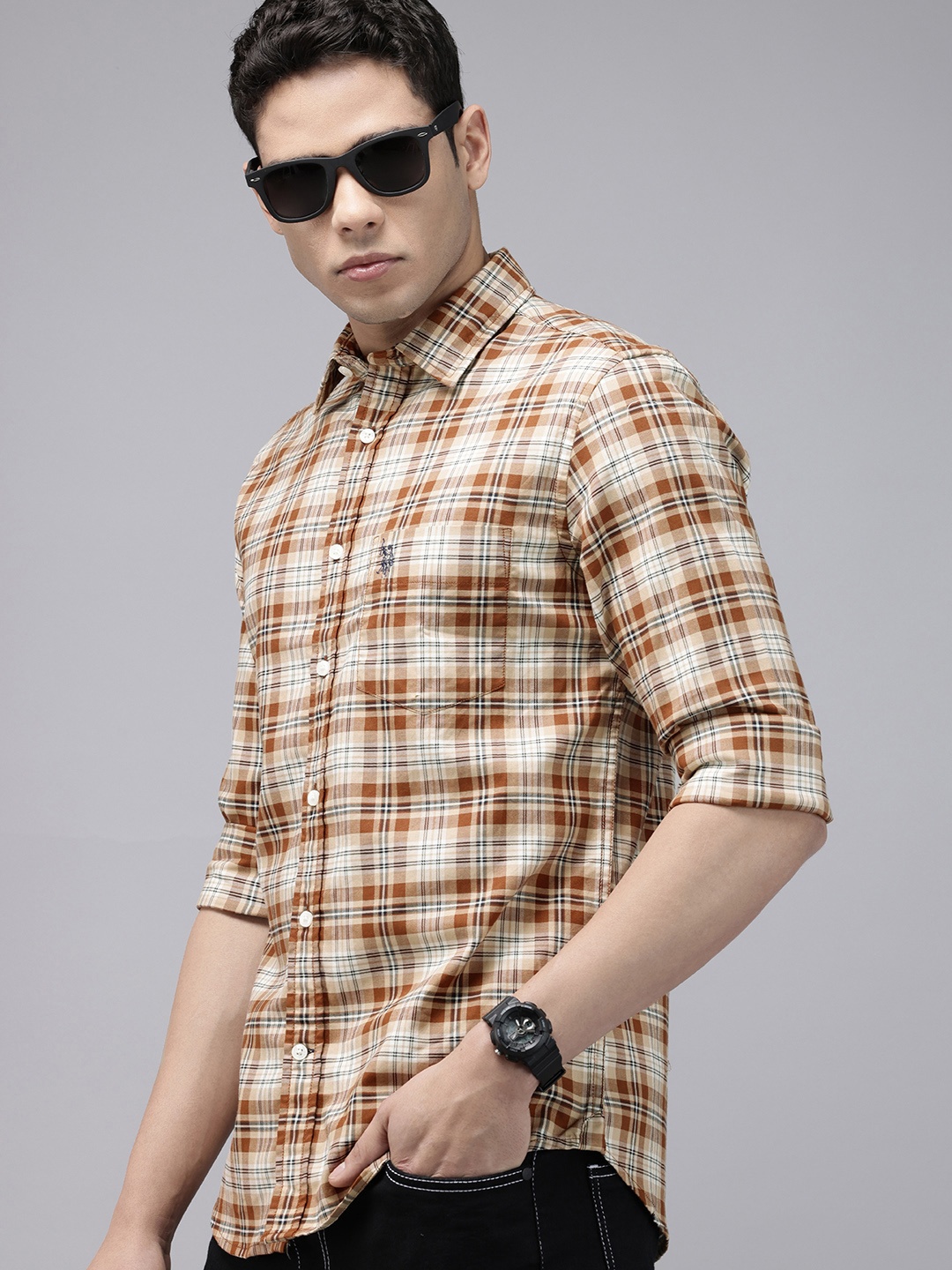 

U.S. Polo Assn. Tailored Fit Checked Pure Cotton Casual Shirt, Tan