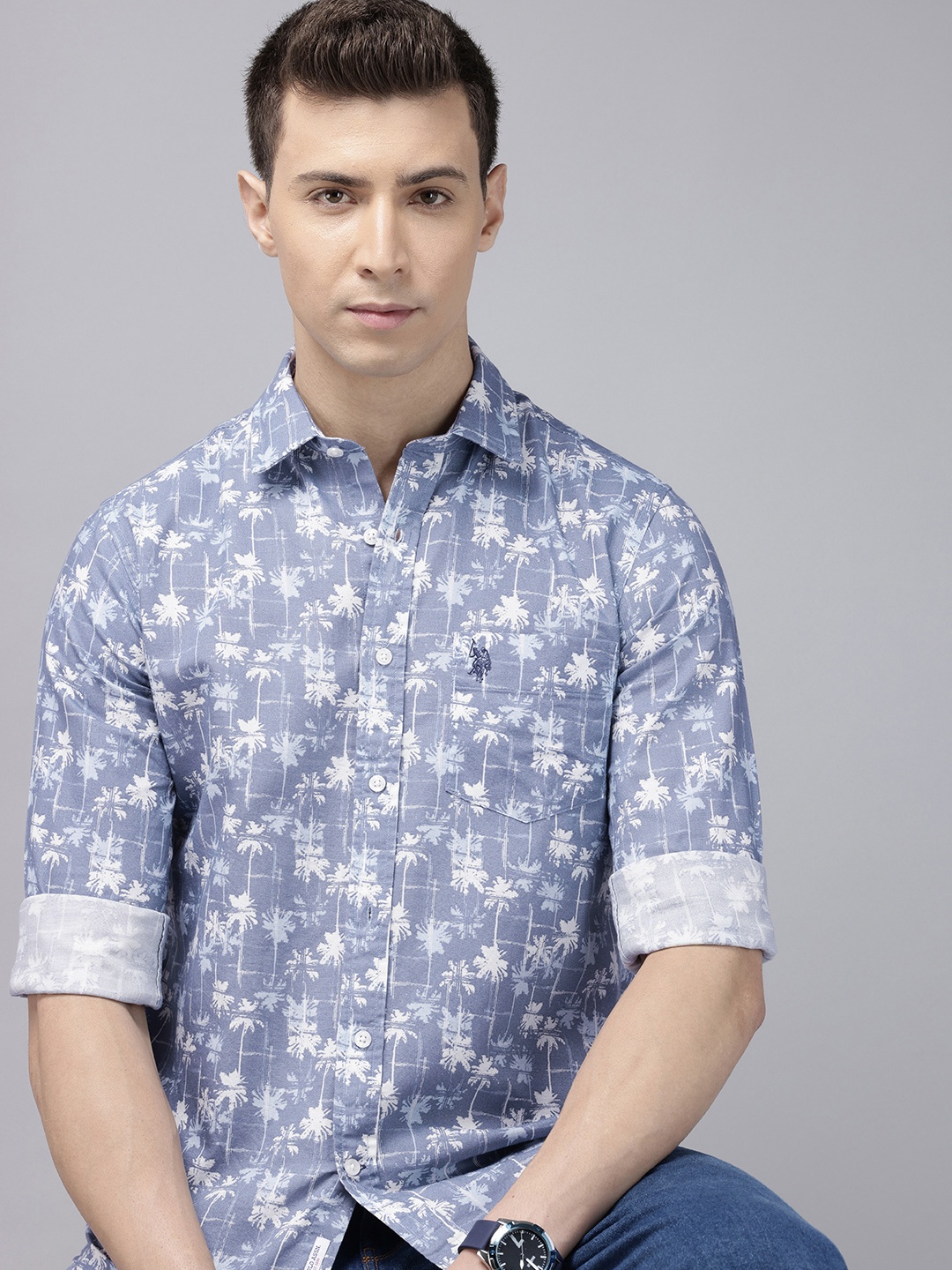 

U.S. Polo Assn. Tailored Fit Tropical Printed Pure Cotton Casual Shirt, Blue