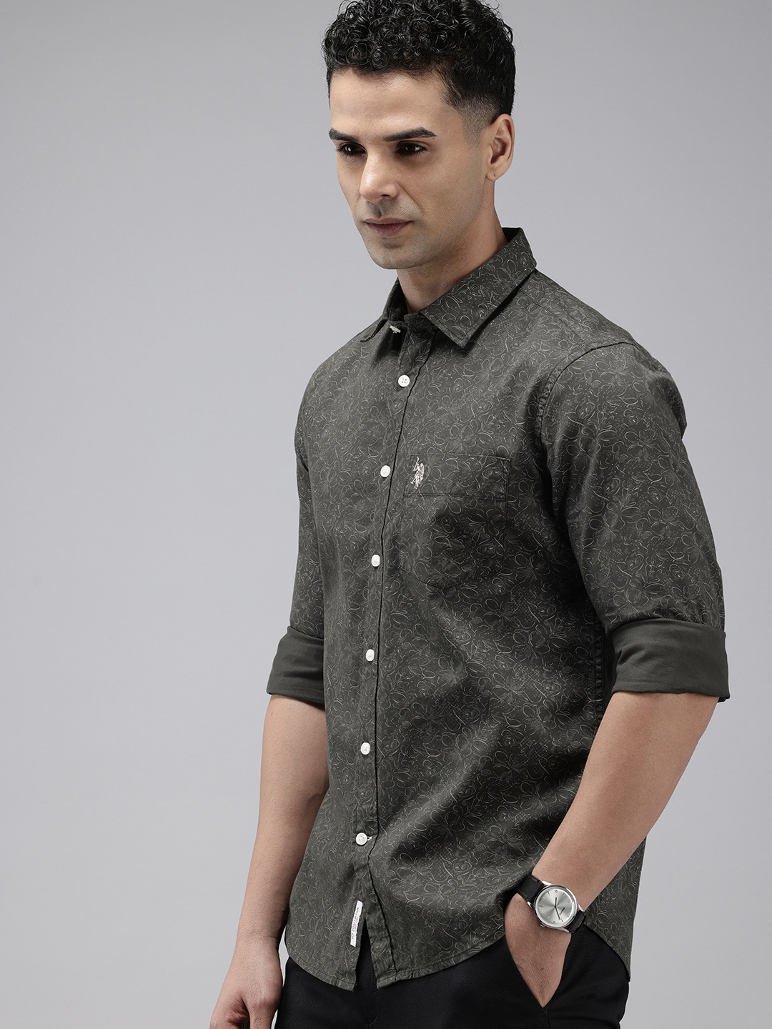 

U.S. Polo Assn. Tailored Fit Floral Printed Pure Cotton Casual Shirt, Green
