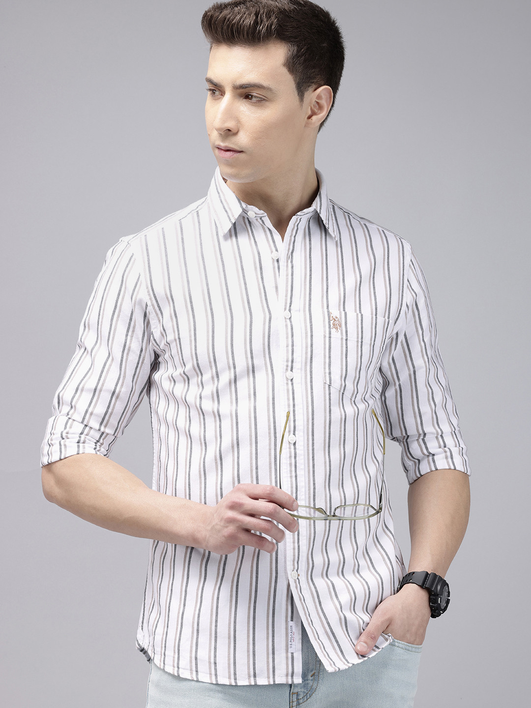 

U.S. Polo Assn. Pure Cotton Tailored Fit Opaque Striped Casual Shirt, White