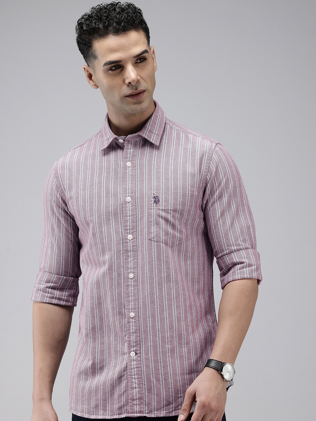 

U.S. Polo Assn. Pure Cotton Tailored Fit Striped Casual Shirt, Purple