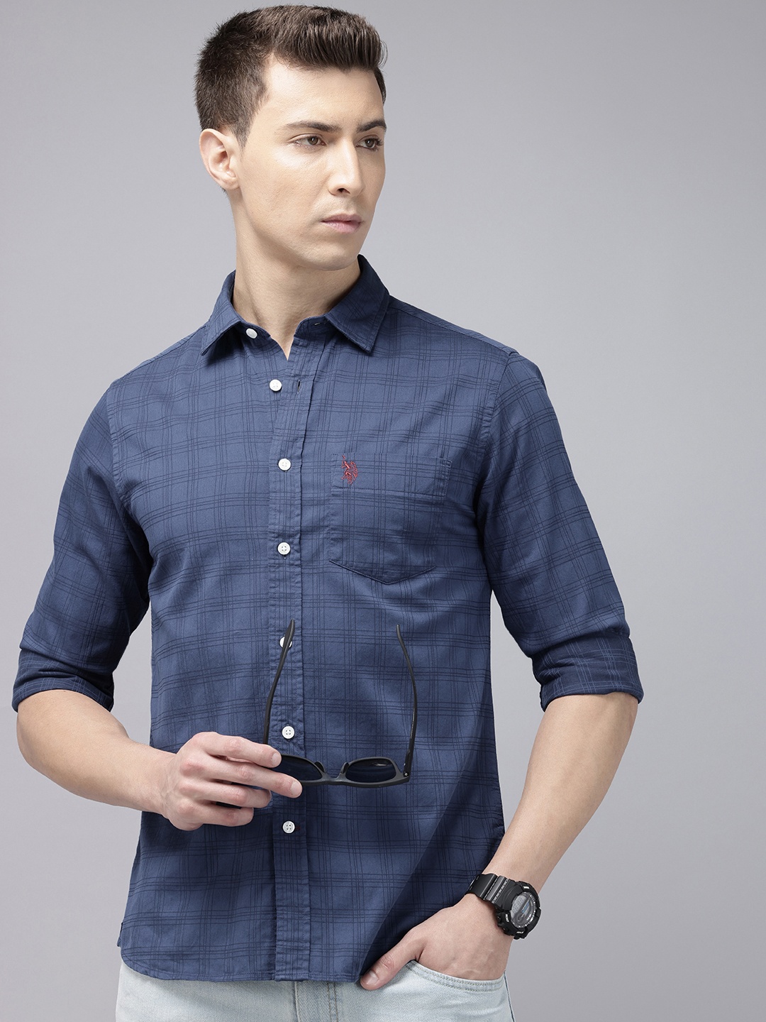 

U.S. Polo Assn. Pure Cotton Tailored Fit Opaque Checked Casual Shirt, Blue