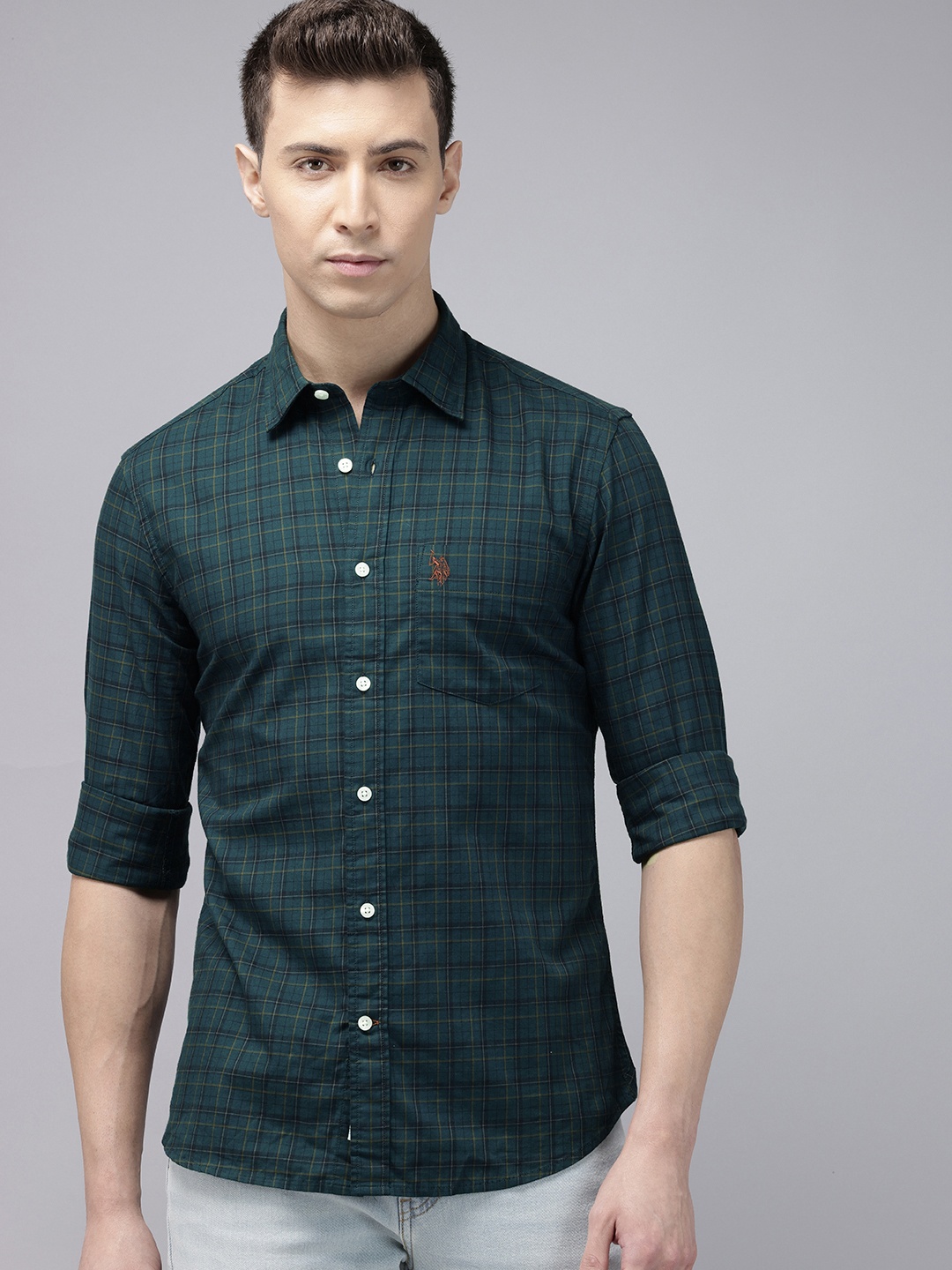 

U.S. Polo Assn. Tailored Fit Checked Pure Cotton Casual Shirt, Green