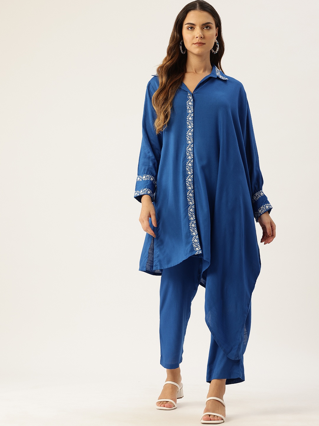 

MISRI Floral Embroidered Viscose Rayon Tunic with Trousers, Blue