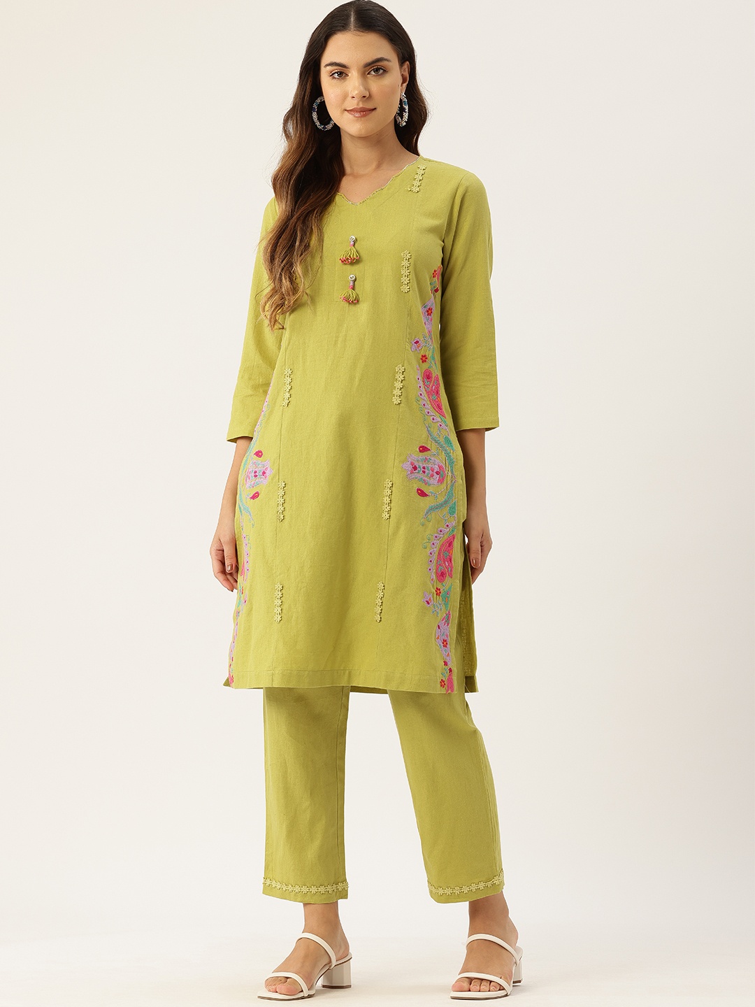 

MISRI Floral Embroidered Pure Cotton Top with Trousers, Green