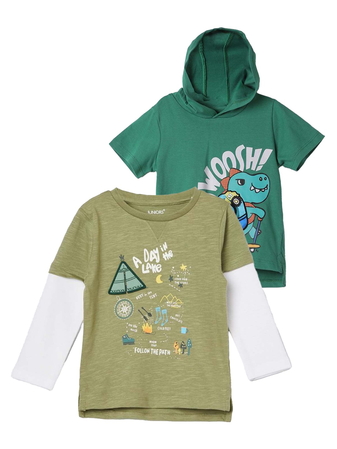 

Juniors by Lifestyle Boys Graphic Printed Hood Cotton T-shirt- Pack of 2, Olive