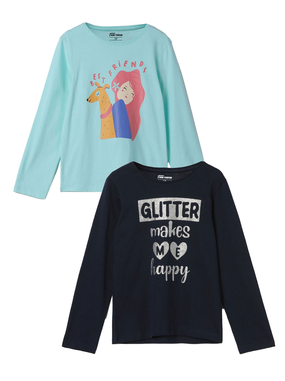 

Fame Forever by Lifestyle Girls Pack of 2 Graphic Printed Round Neck Cotton T-shirt, Blue