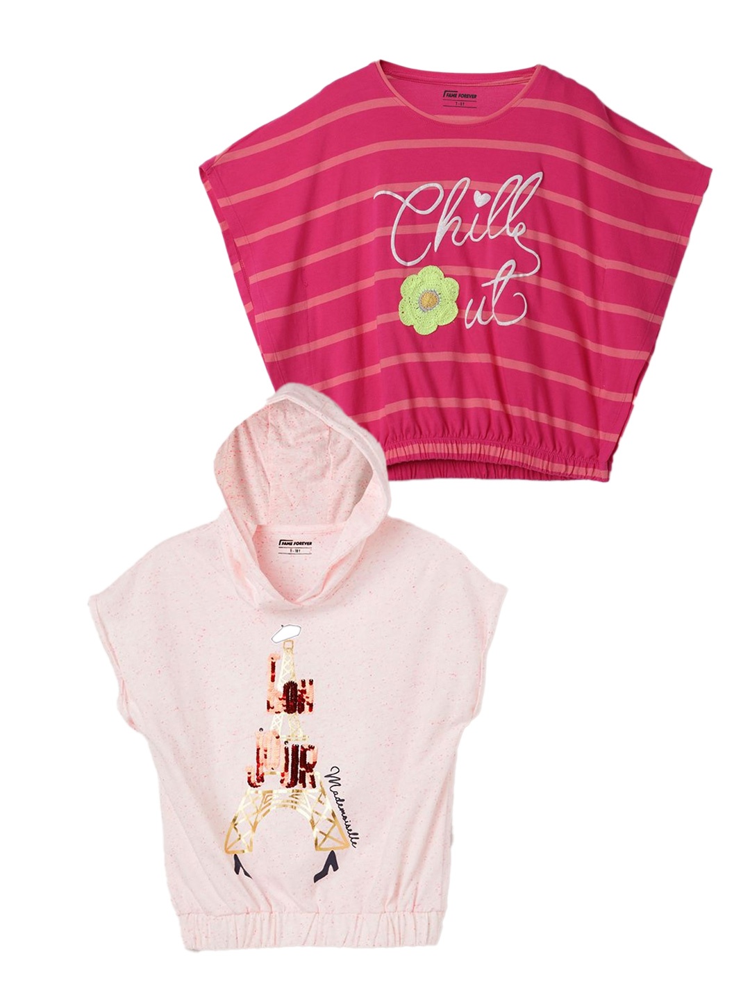

Fame Forever by Lifestyle Girls Pack of 2 Printed Extended Sleeves Tropical T-shirt, Pink