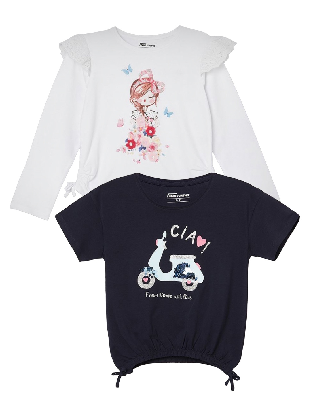 

Fame Forever by Lifestyle Girls Pack of 2 Floral Printed Applique T-shirt, Blue