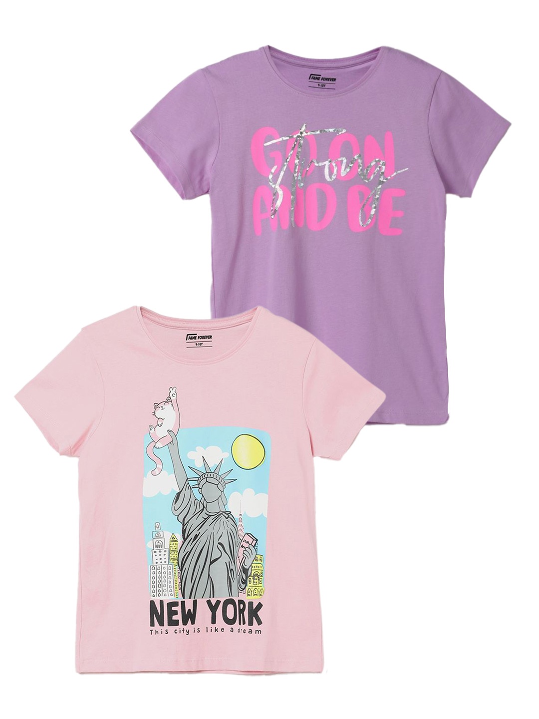

Fame Forever by Lifestyle Girls Printed Round Neck Cotton T-shirt - Pack of 2, Pink