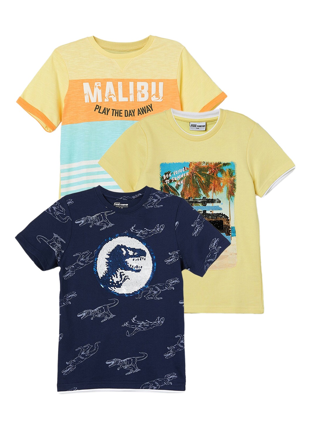 

Fame Forever by Lifestyle Boys Pack of 3 Round Neck Graphic Printed T-shirt, Blue