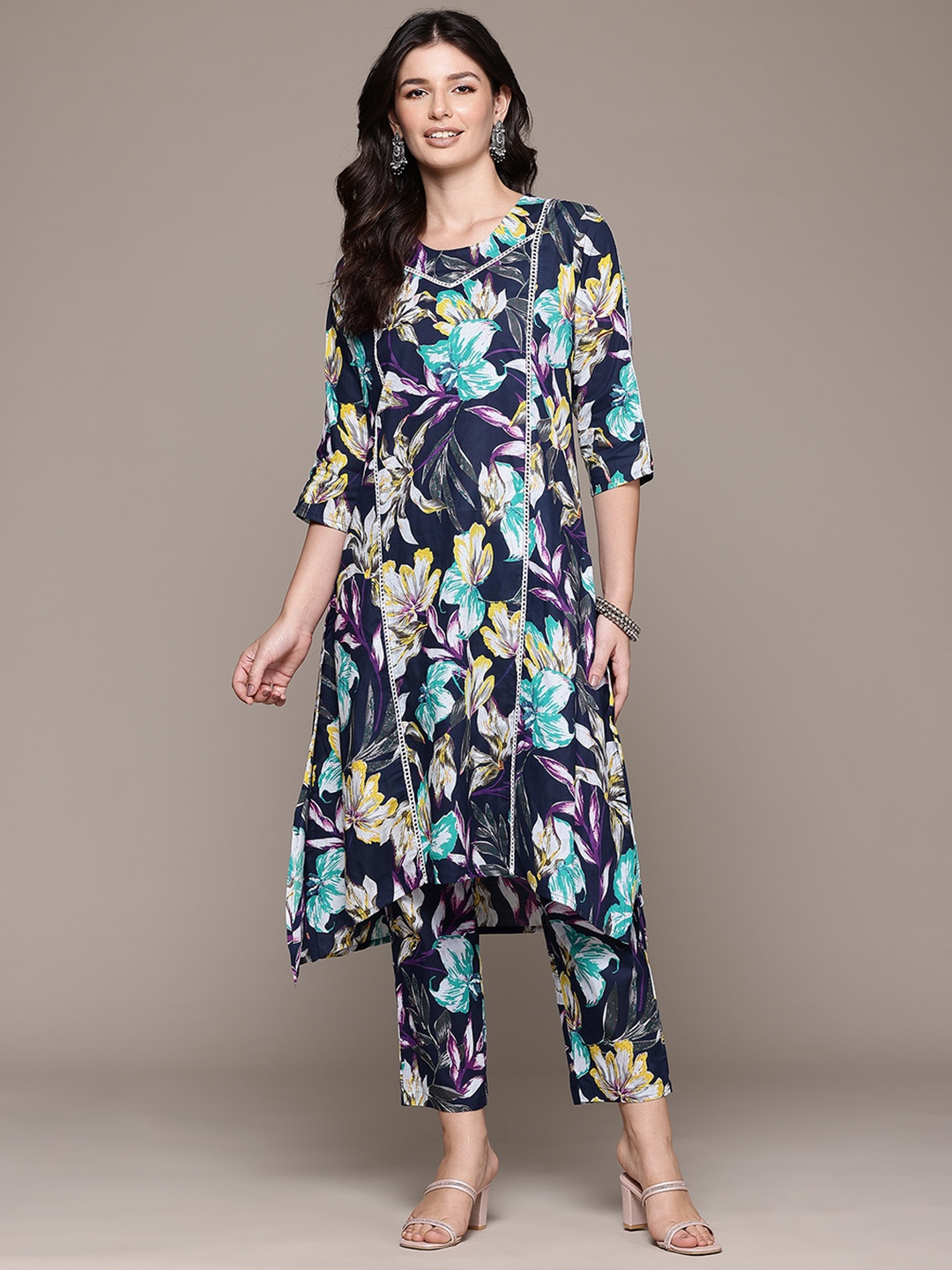 Readiprint Floral Printed Pure Cotton Kurta with Palazzos, Navy blue