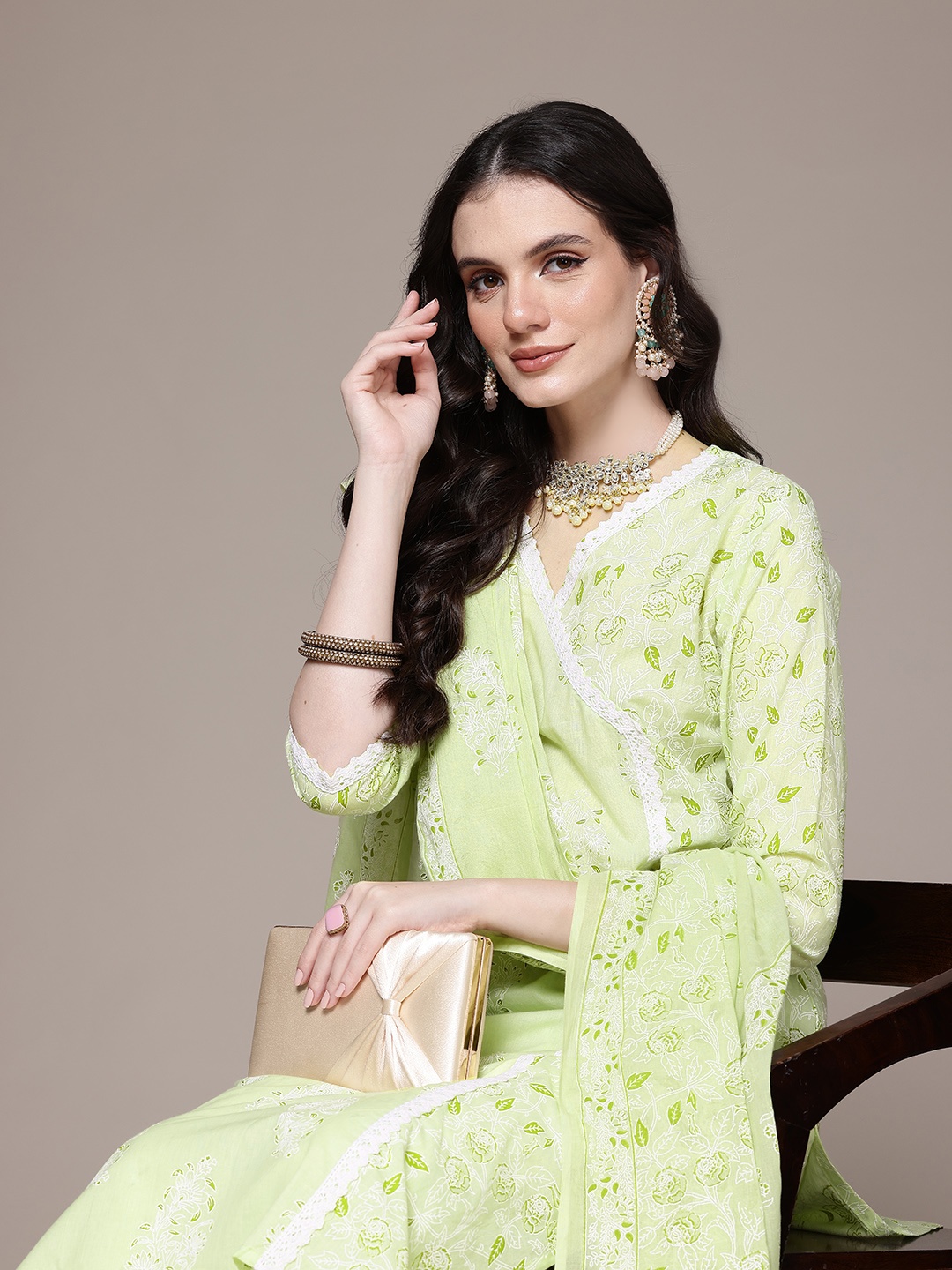 

Readiprint Fashions Floral Printed Angrakha Sequinned Pure Cotton Kurta Set, Green