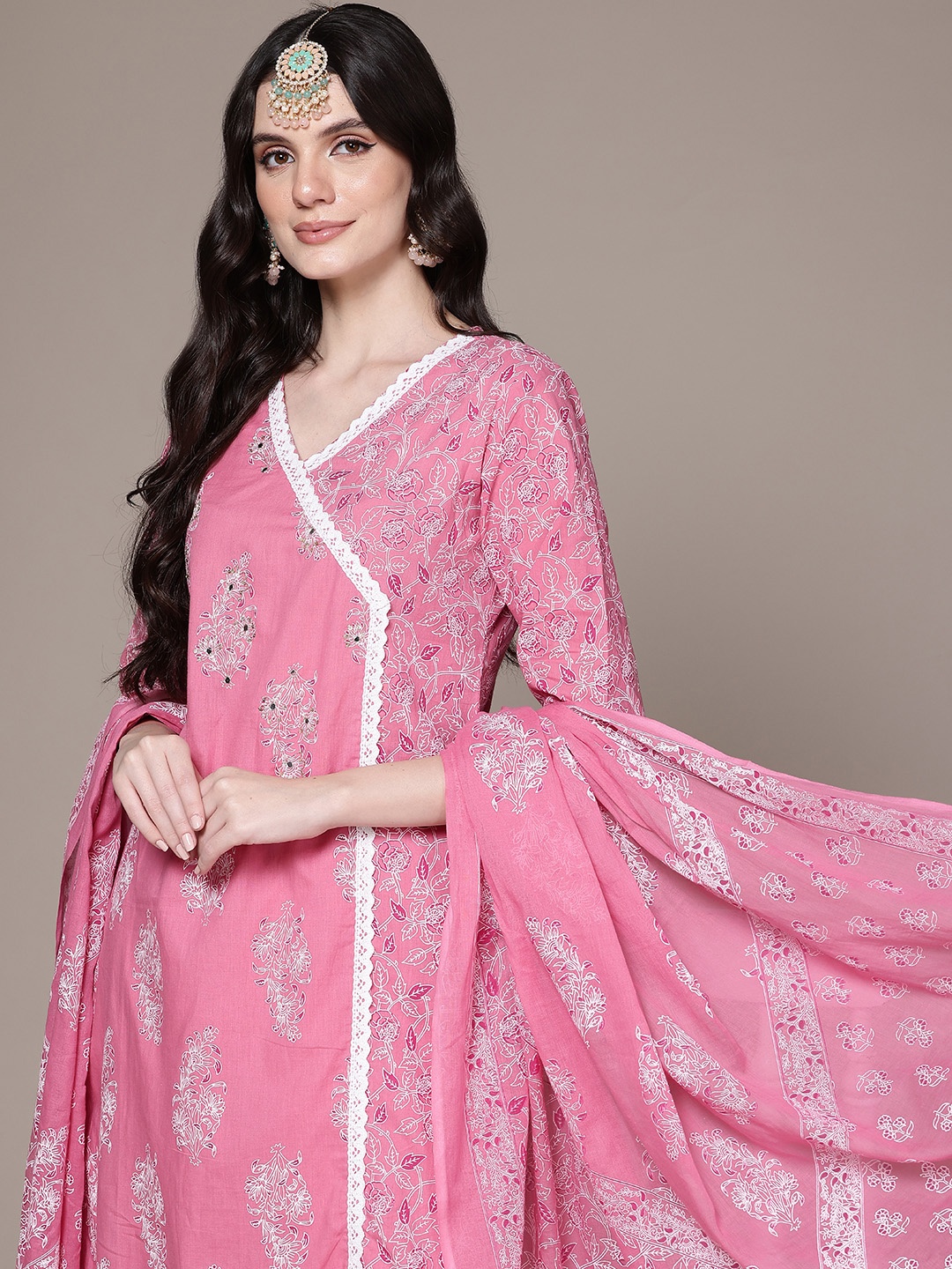 

Readiprint Fashions Floral Printed Angrakha Sequinned Pure Cotton Kurta Set, Pink