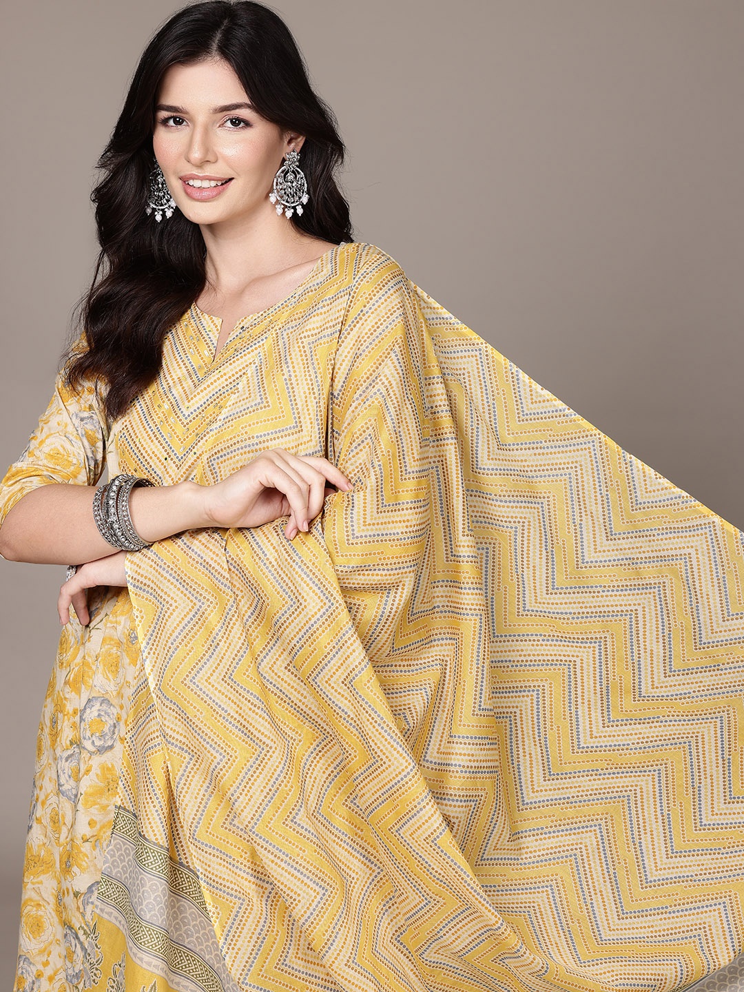 Readiprint Floral Printed Sequinned Pure Cotton Kurta With Trousers & Dupatta, Yellow