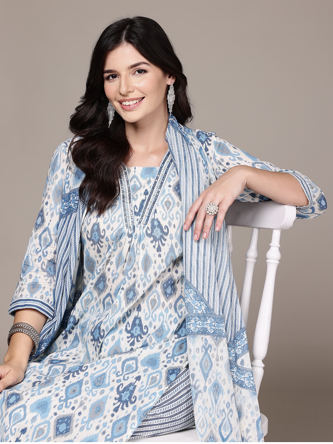 Readiprint Ethnic Motifs Printed Pleated Sequinned Pure Cotton Kurta Set, Blue