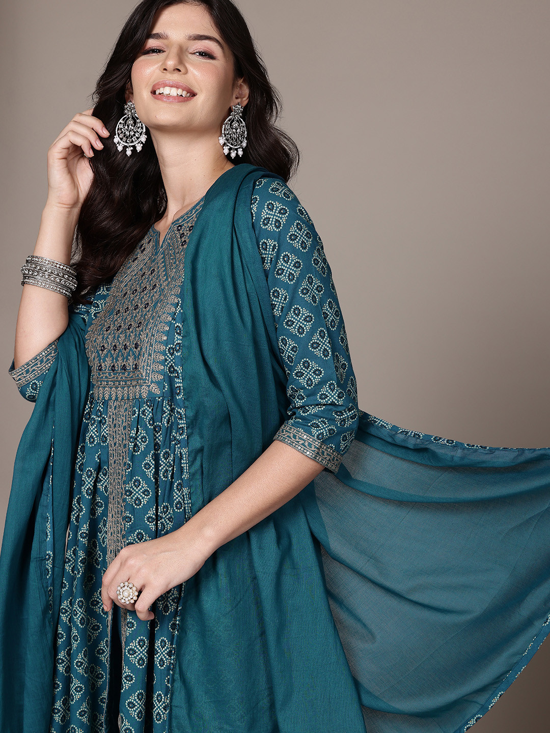 

Readiprint Printed Pleated Mirror Work Pure Cotton Kurta with Trousers & Dupatta, Teal