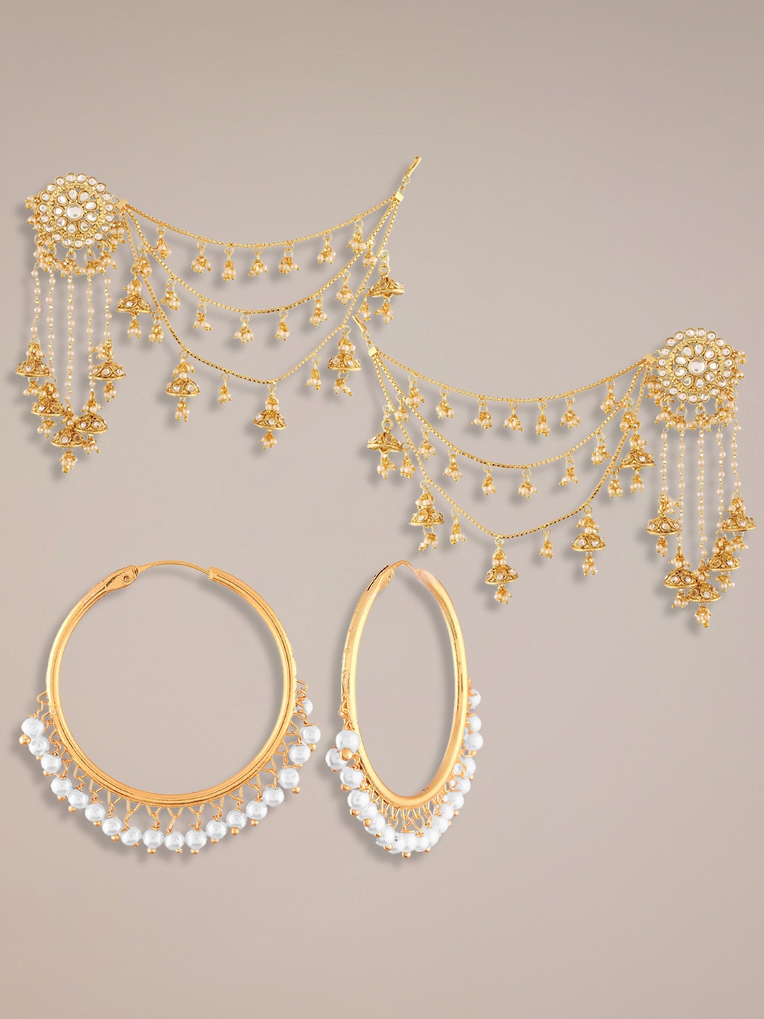 

Peora Set Of 2 Gold-Plated Contemporary Kundan & Pearls Hoop & Drop Earrings