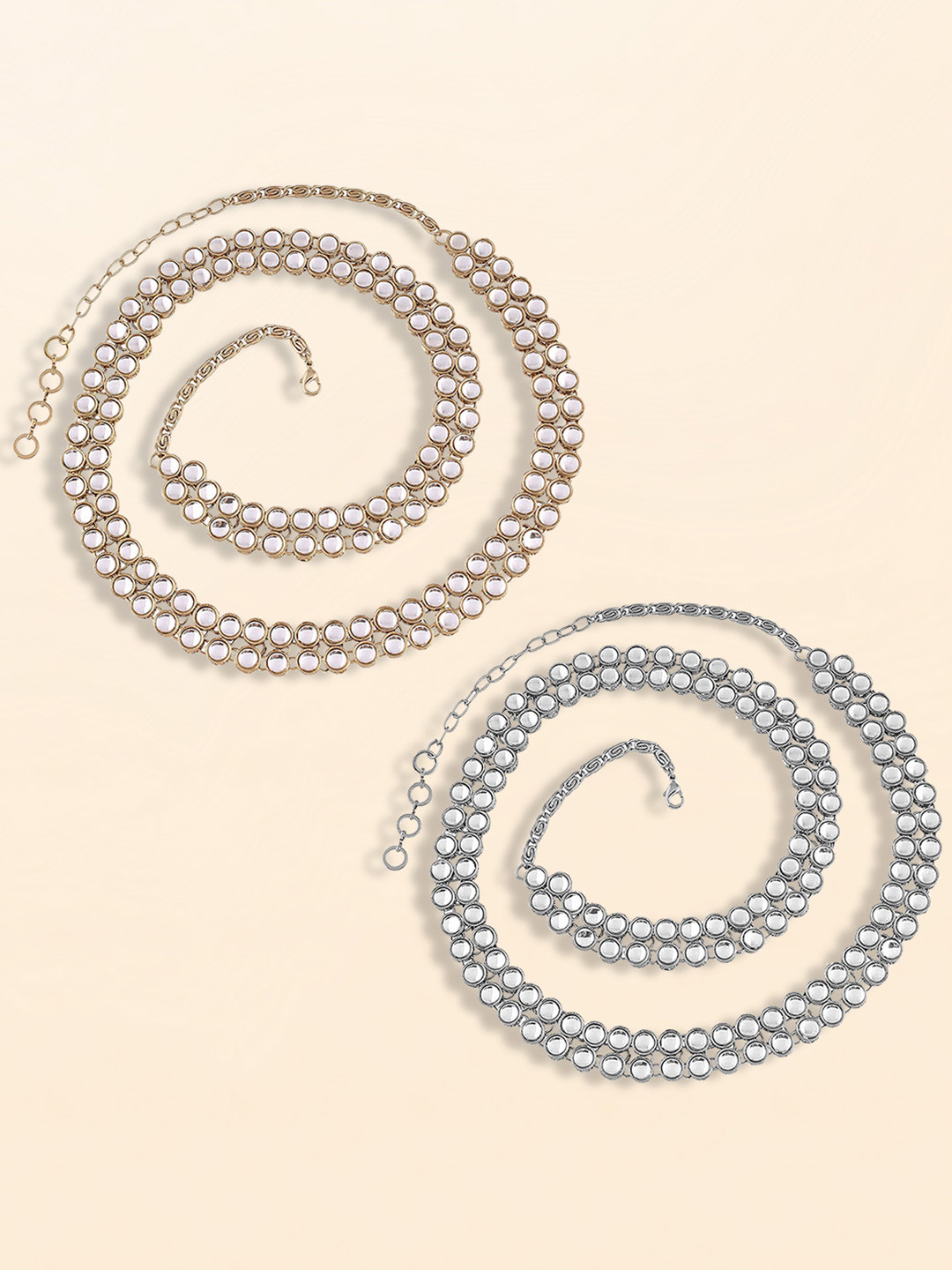

Peora Set Of 2 Kundan Studded Waist Chain Saree Accessories, Silver