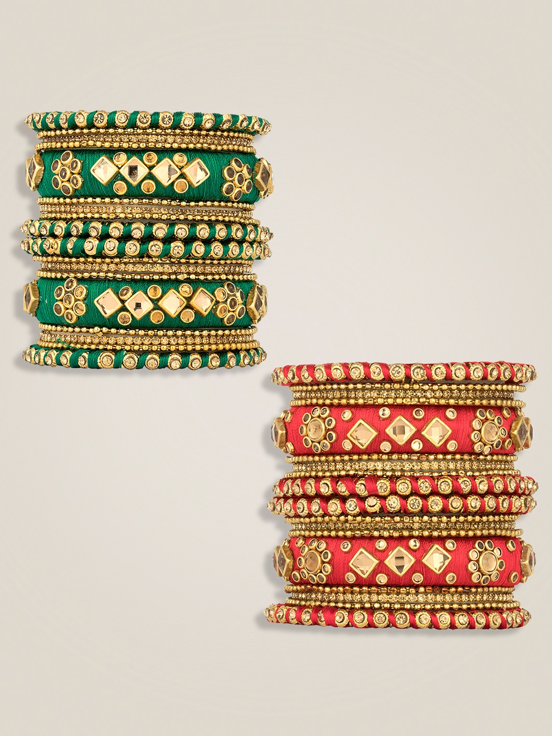 

Peora Set Of 36 Gold-Plated Kundan Stone Bangles, Red