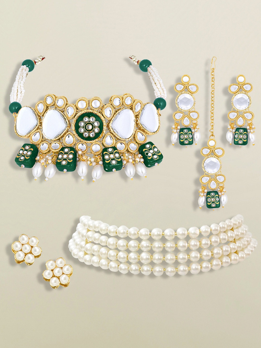 

Peora Set Of 2 Gold Plated Stones Studded & Beaded Jewellery Set