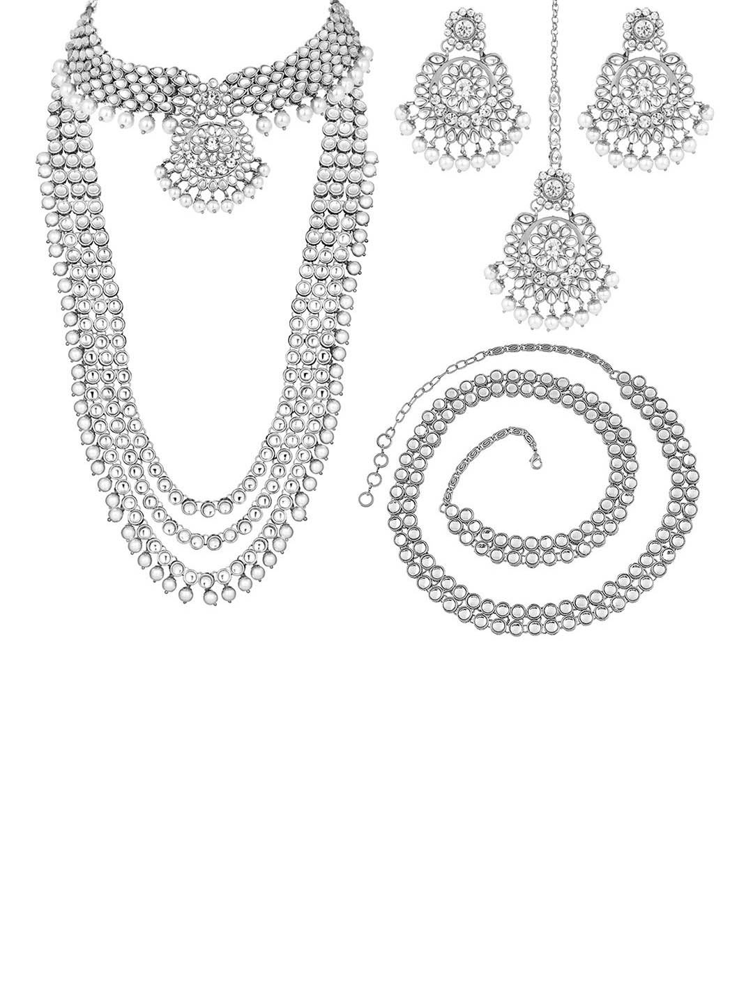 

Peora Rhodium-Plated Kundan-Studded & Beaded Jewellery Set, Silver
