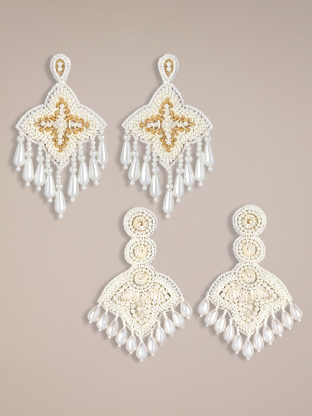 

Peora Set Of 2 Gold-Plated Contemporary Pearls Drop Earrings, White