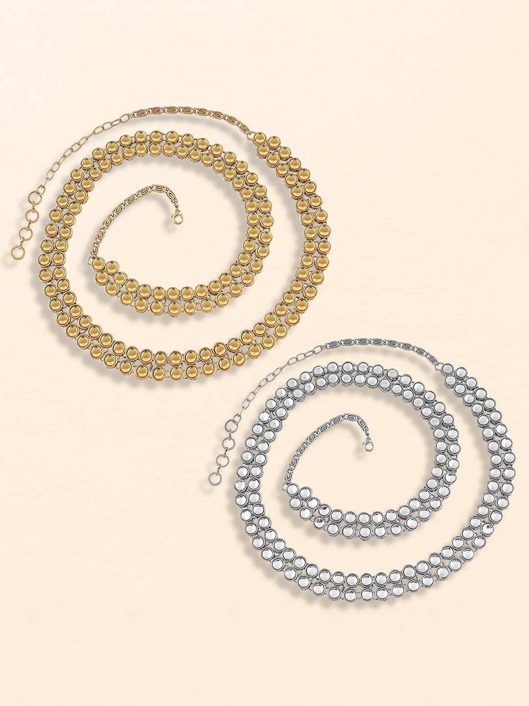 Peora Set Of 2 Kundan Studded Waist Chain Saree Accessories, Silver