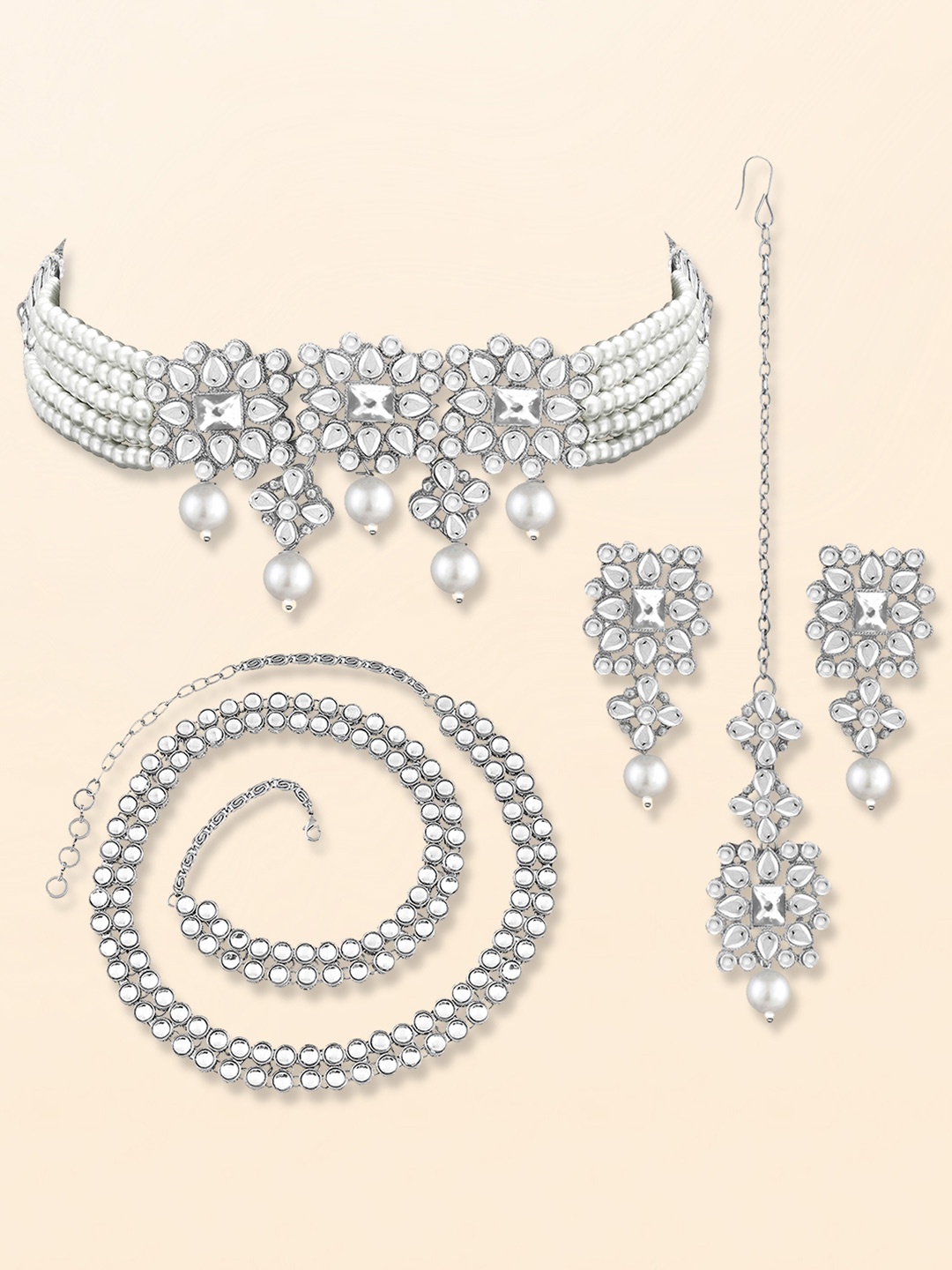 

Peora Silver-Plated Kundan -Studded & Beaded Jewellery Set