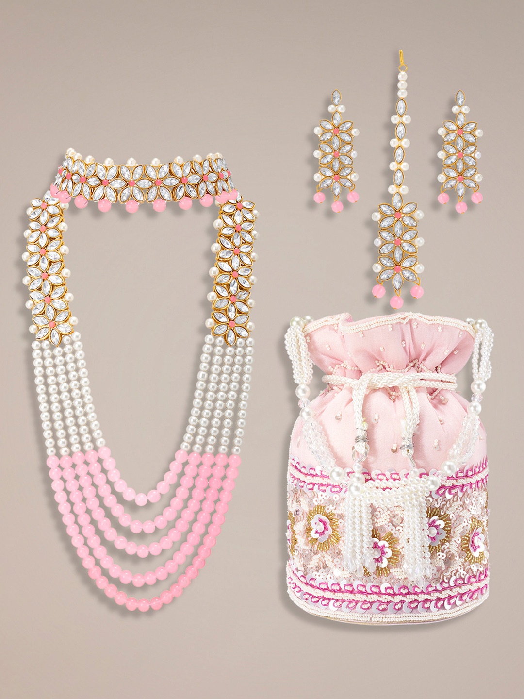 

Peora Gold-Plated Stone-Studded & Pearl Beaded Jewellery Set