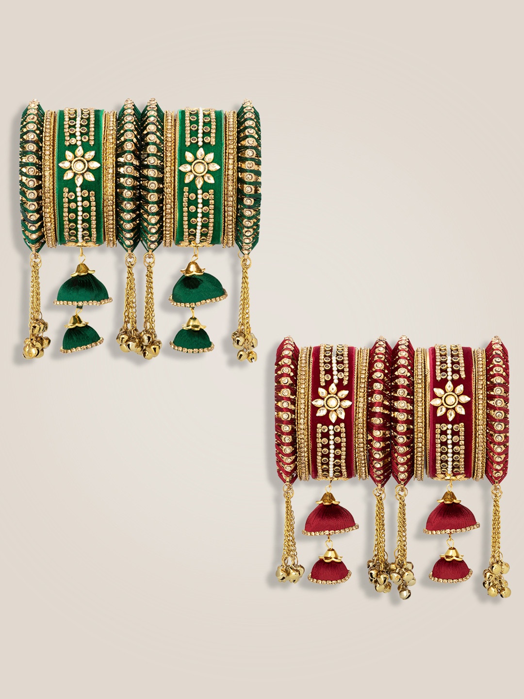 

Peora Set Of 2 Gold-Plated Kundan Stone-Studded & Beaded Velvet Bangles