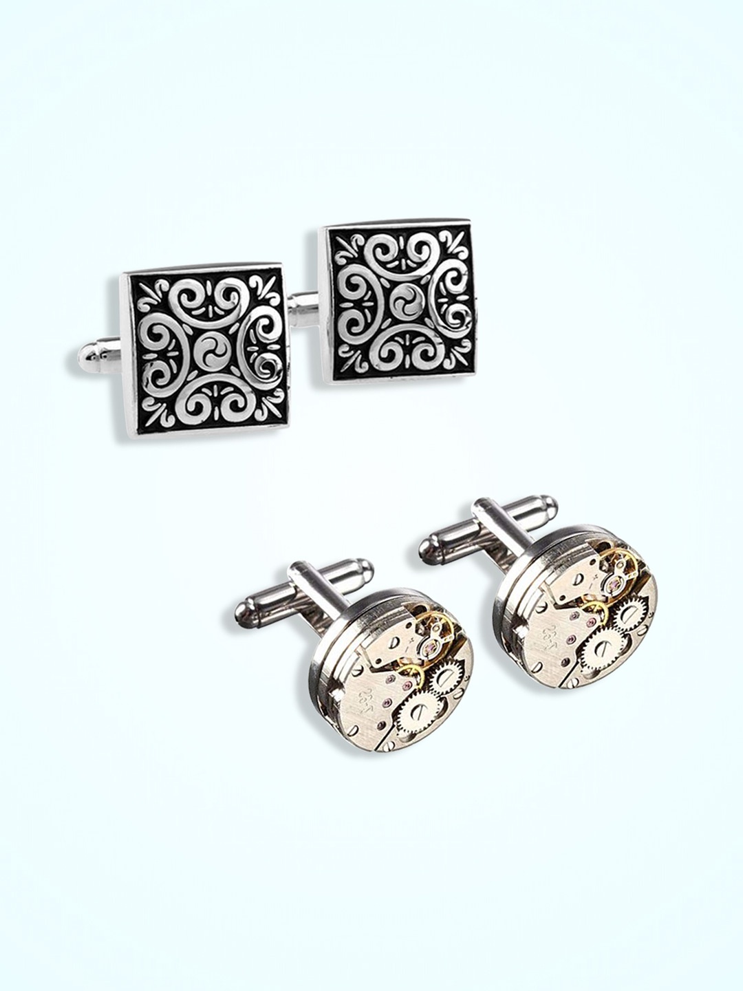 

Peora Men Pack Of 2 Silver Square Cufflinks & Vintage Watch Movement Cufflinks Gift