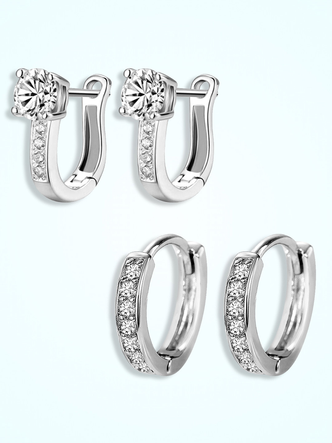 

Peora Set Of 2 Silver-Plated Sterling Silver Solitaire CZ Studded Hoop Earrings