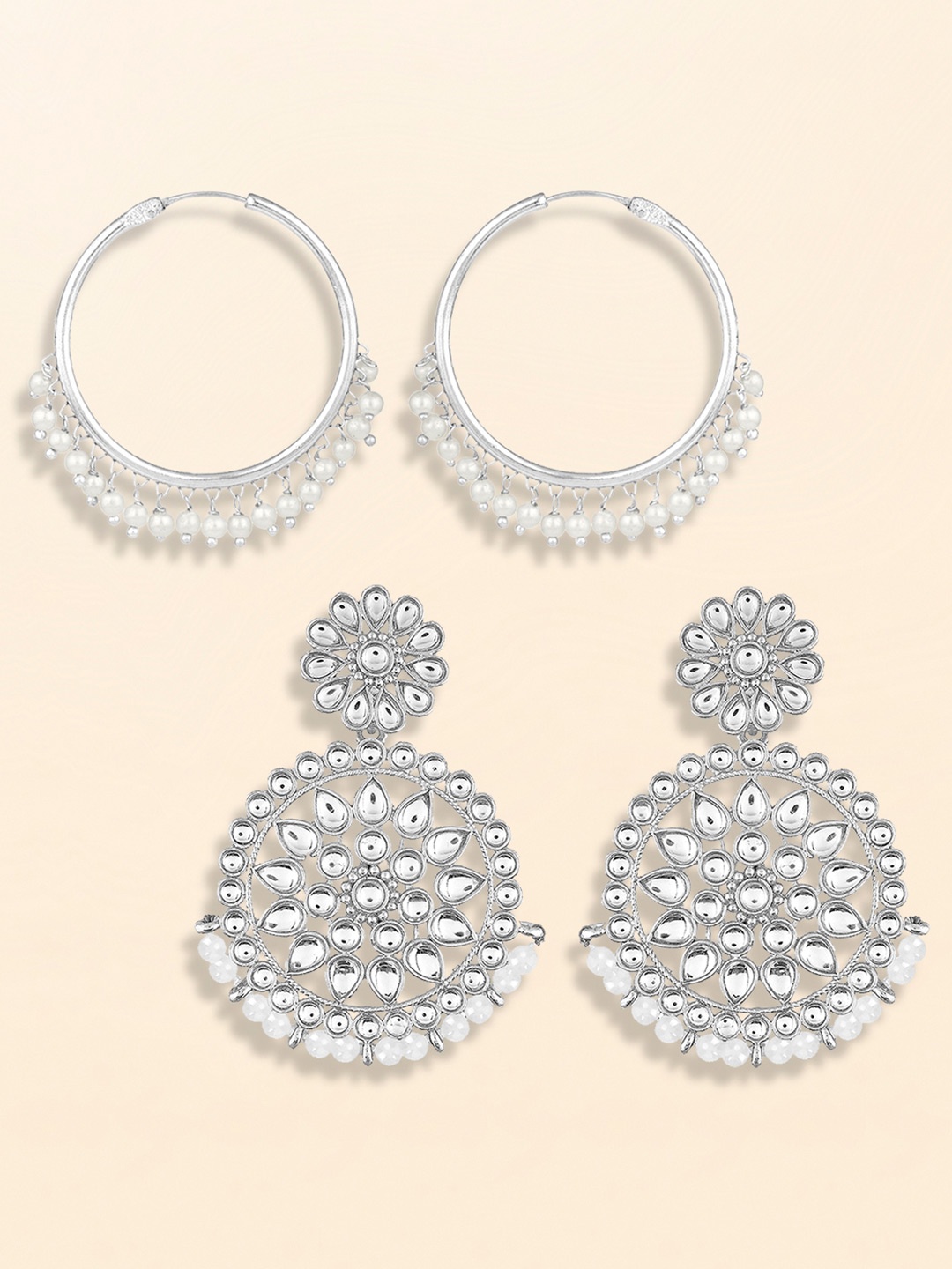 

Peora Set Of 2 Silver-Plated Kunadn Stone Studded & Pearls Beaded Drop & Hoop Earrings