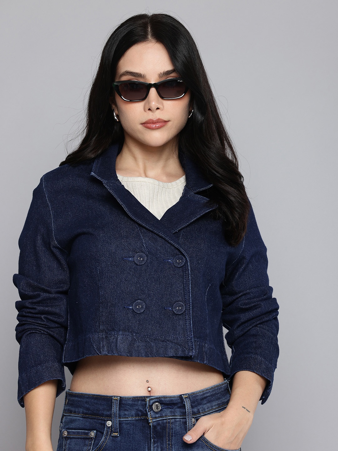 

Levis Notched Lapel Collar Crop Tailored Jacket, Blue