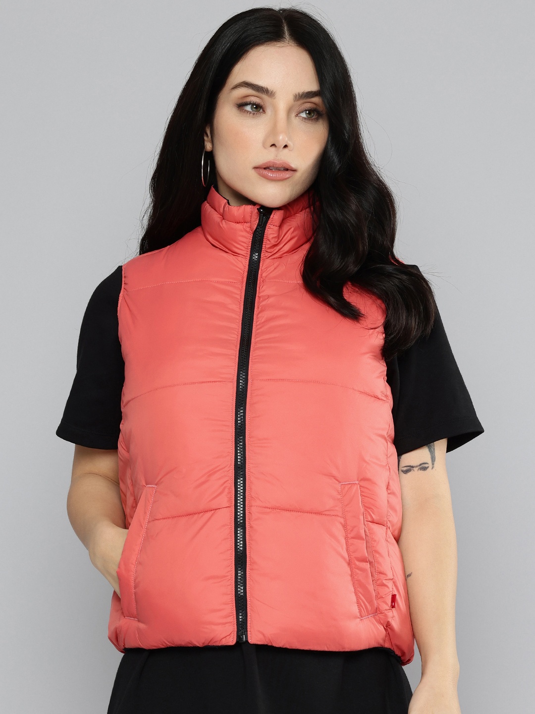 

Levis Mock Collar Sleeveless Reversible Puffer Jacket, Coral