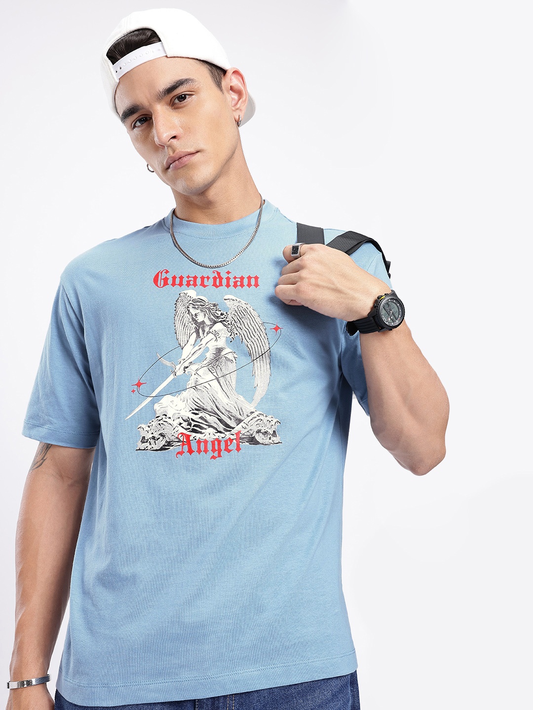 

glitchez Angelic Vibes Printed Relaxed Fit T-shirt, Blue
