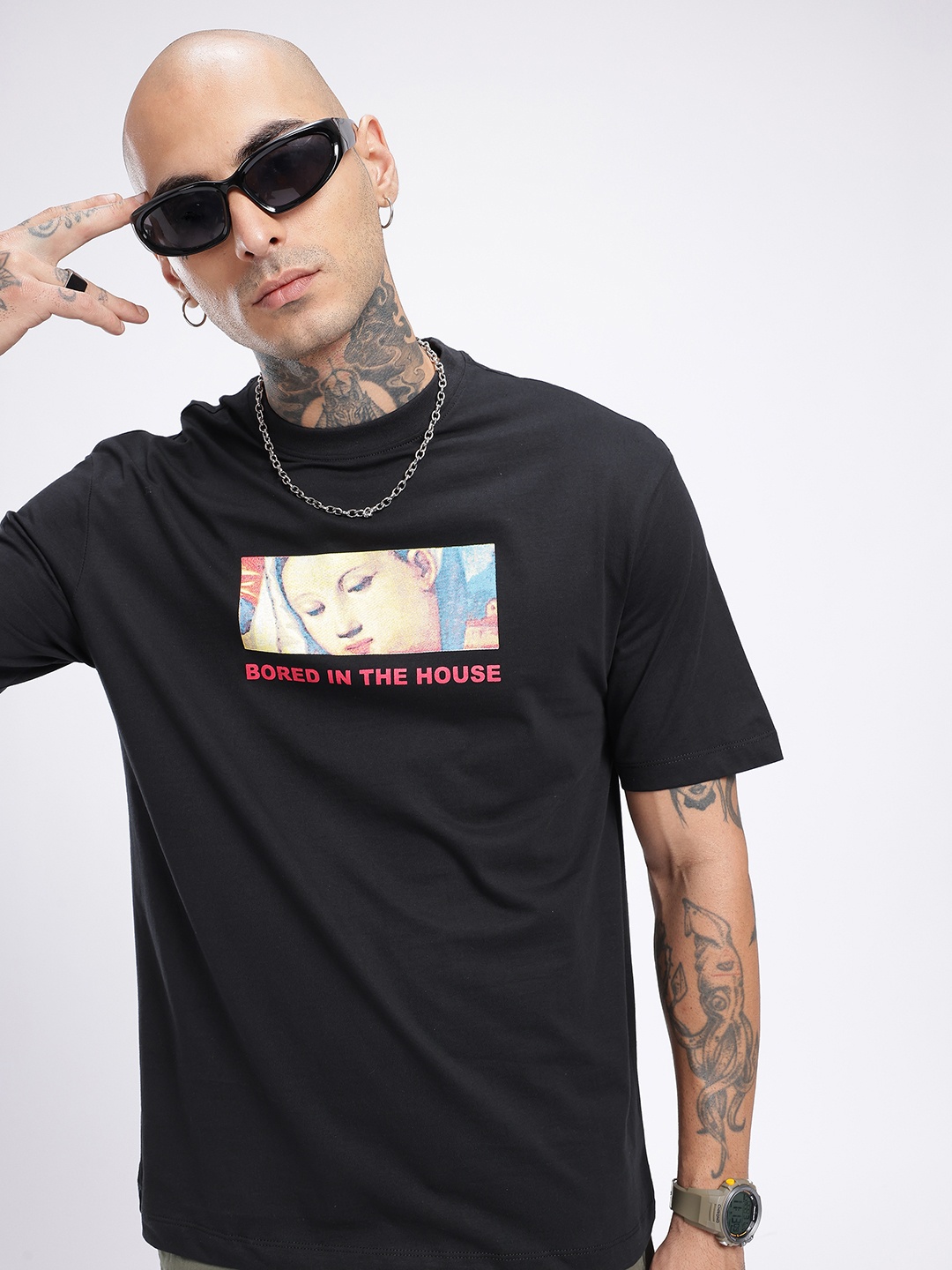 

glitchez Boredom Vibes Printed Oversized T-shirt, Black