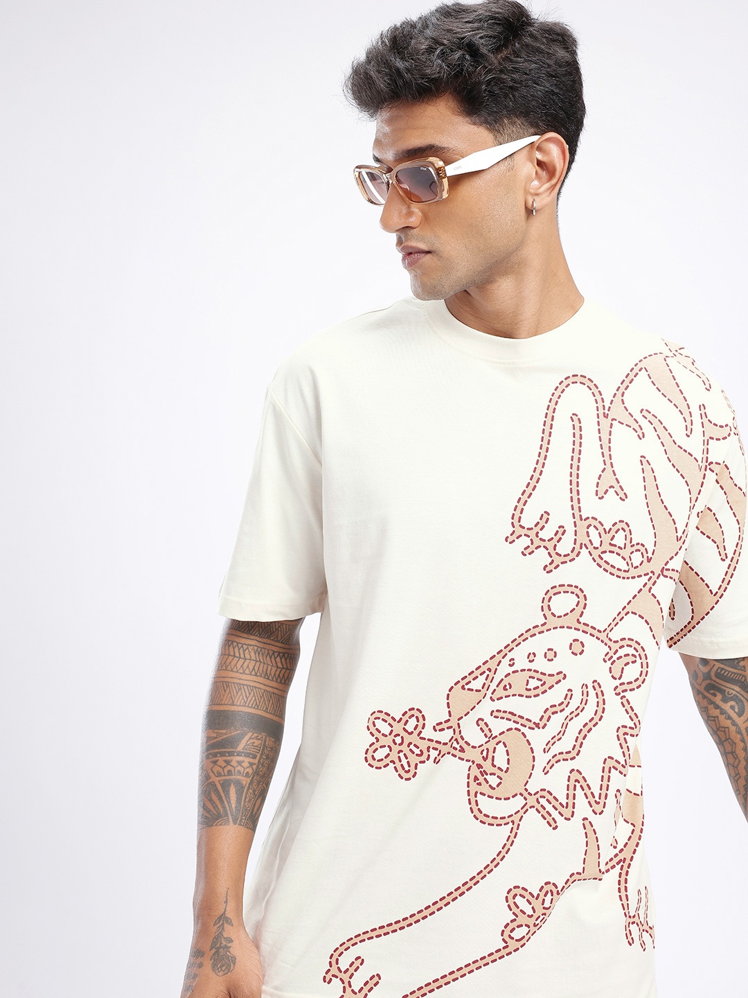 

glitchez Trend Setter Kanta Design Printed Oversized T-shirt, Off white