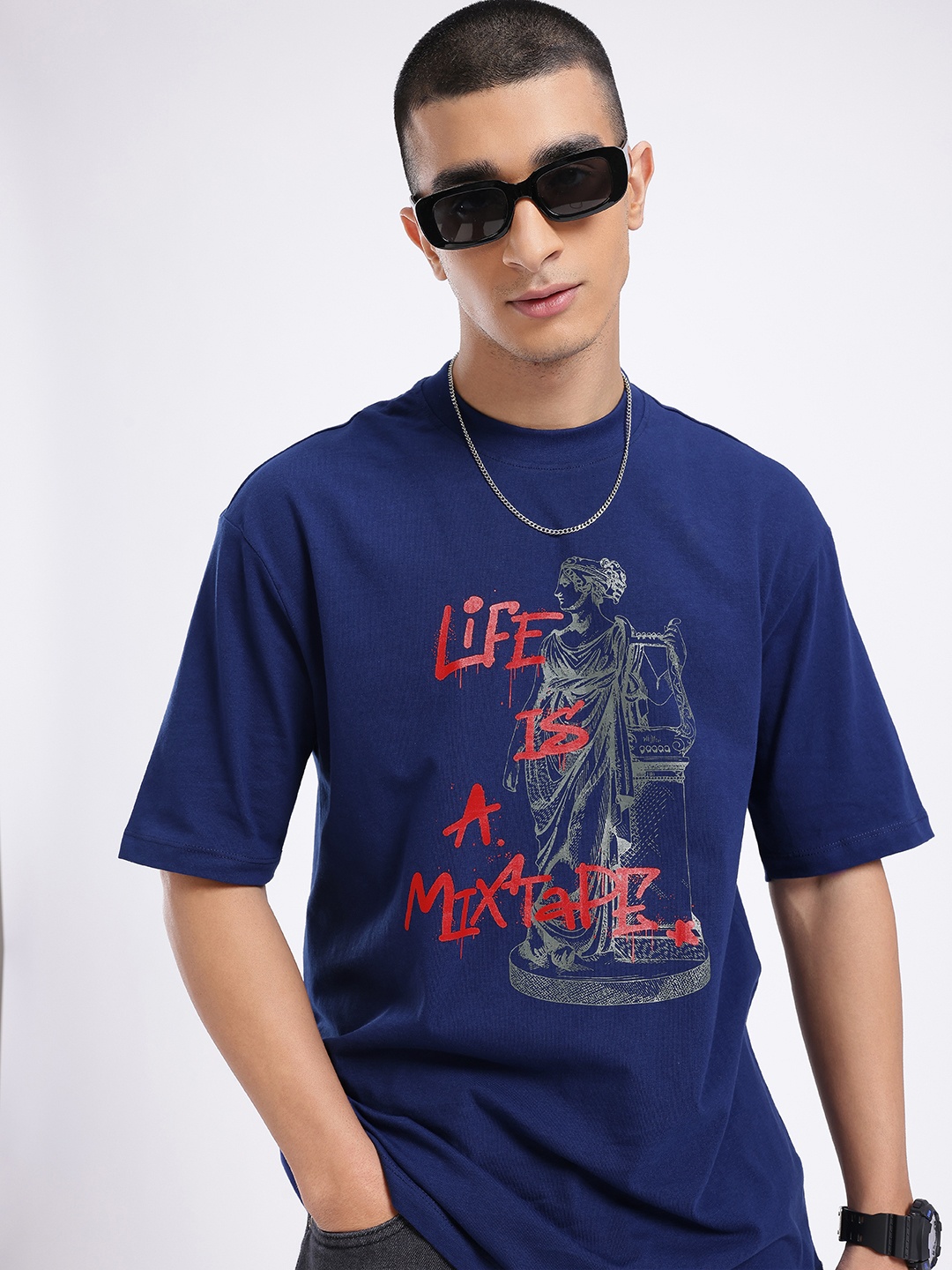 

glitchez Street Classic Graphic Printed Relaxed Fit T-shirt, Blue