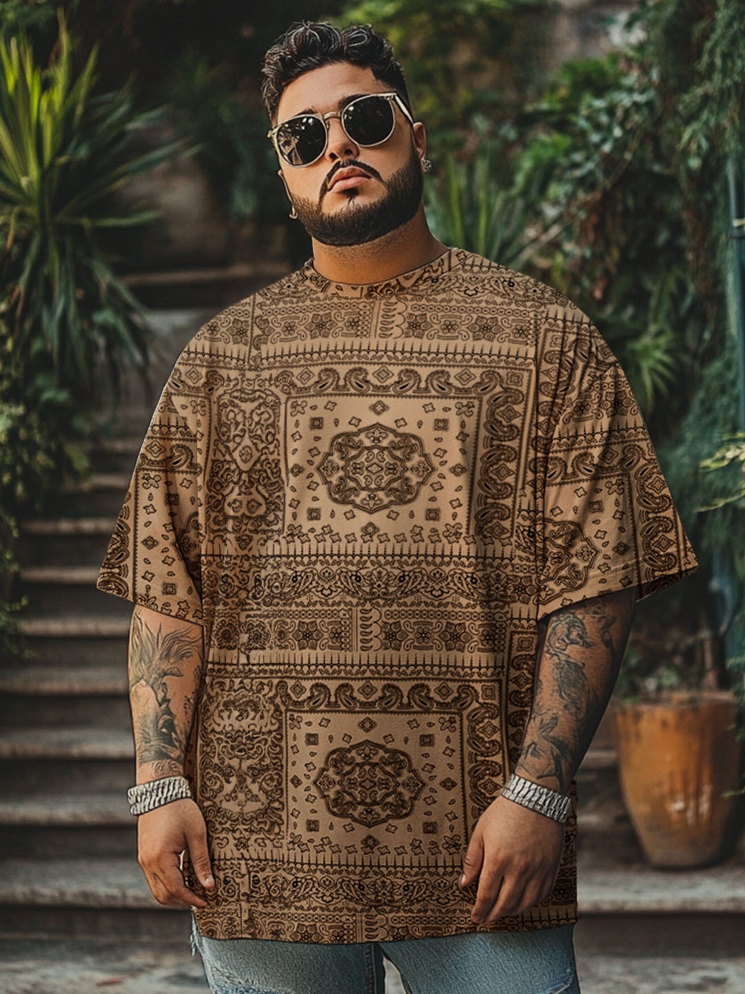 

VEIRDO Men Plus Size Printed Oversized T-shirt, Beige