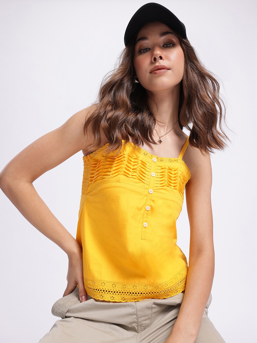 

DressBerry Sunkissed Silhouettes Schiffli Embroidered Smocked Top, Yellow