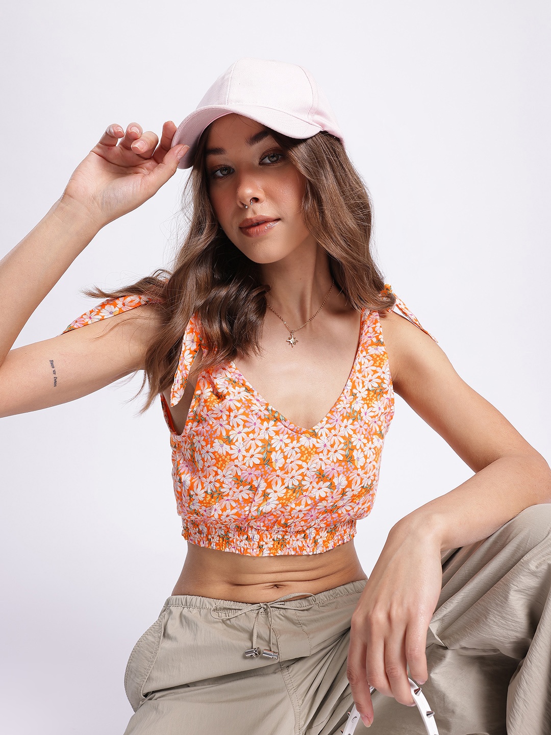 

DressBerry Wildflower Fantasy Smocked Crop Top, Orange