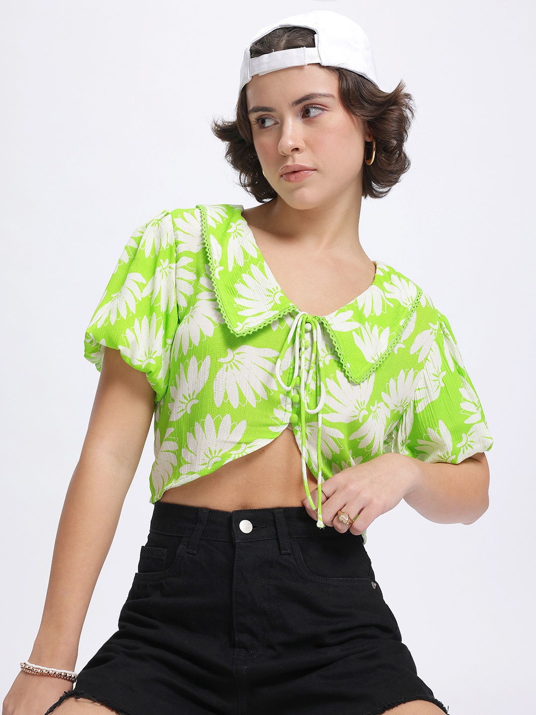 

DressBerry Tropical Escape Above the Keyboard Printed Shirt-Style Top, Green