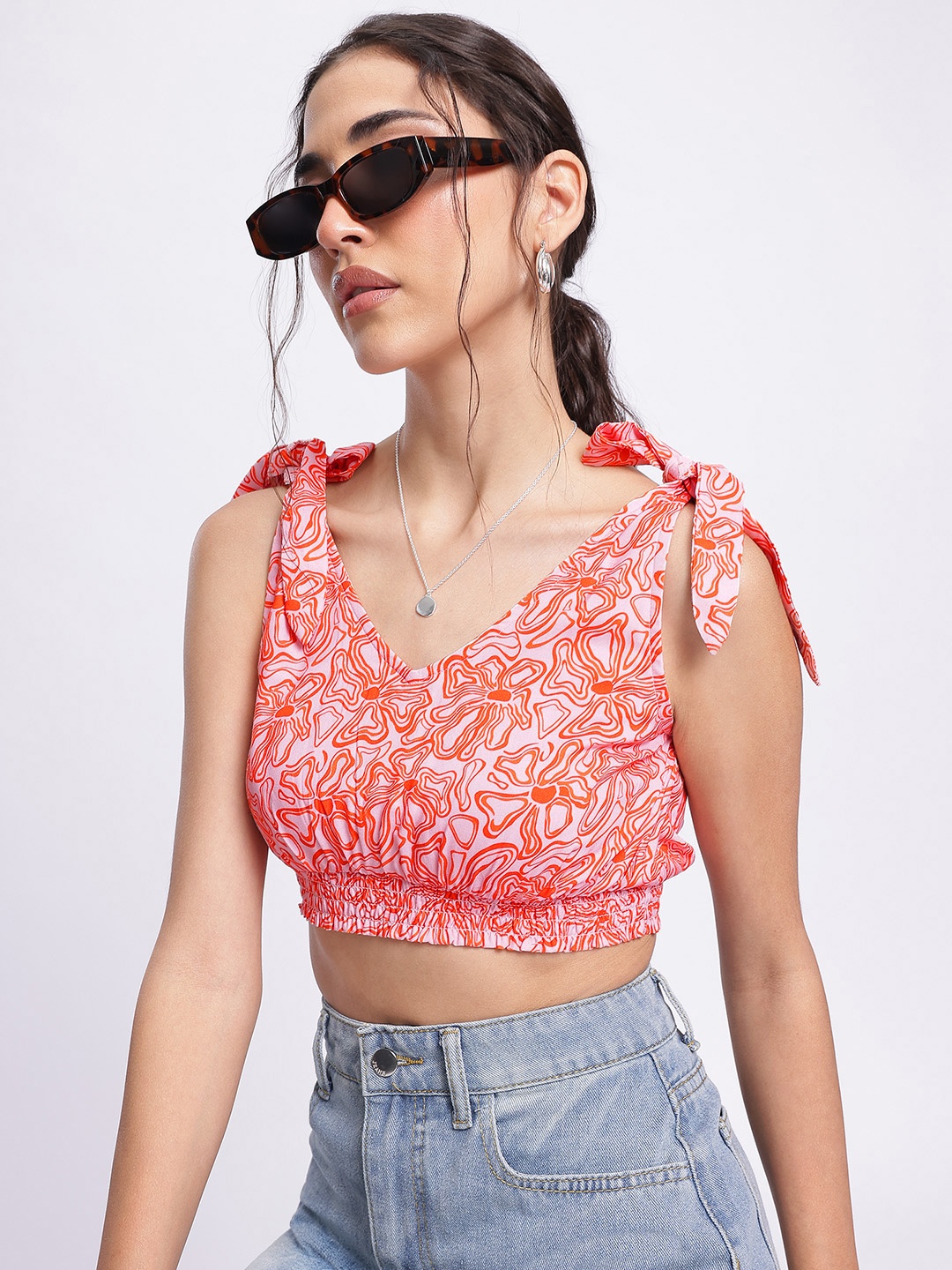 

DressBerry Floral Frenzy Tie-Up Detail Smocked Crop Top, Peach