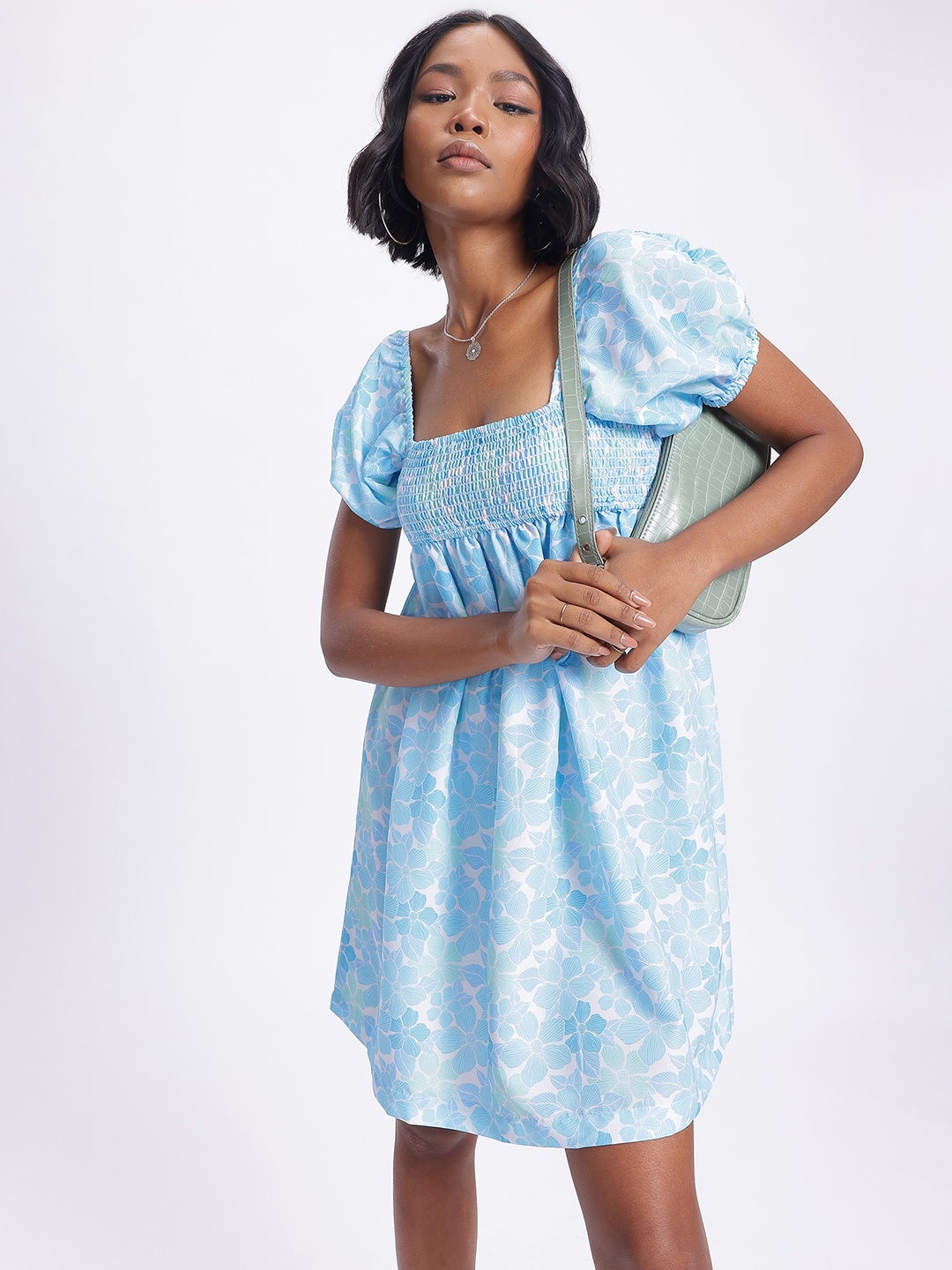 

DressBerry Nature's Canvas Smocked Floral Print Mini A-line Dress, Blue